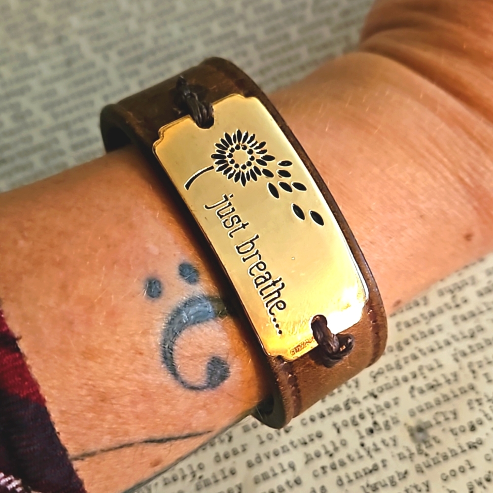Just breathe dandelion leather cuff bracelet  vintage brown leather 7.5" wrist